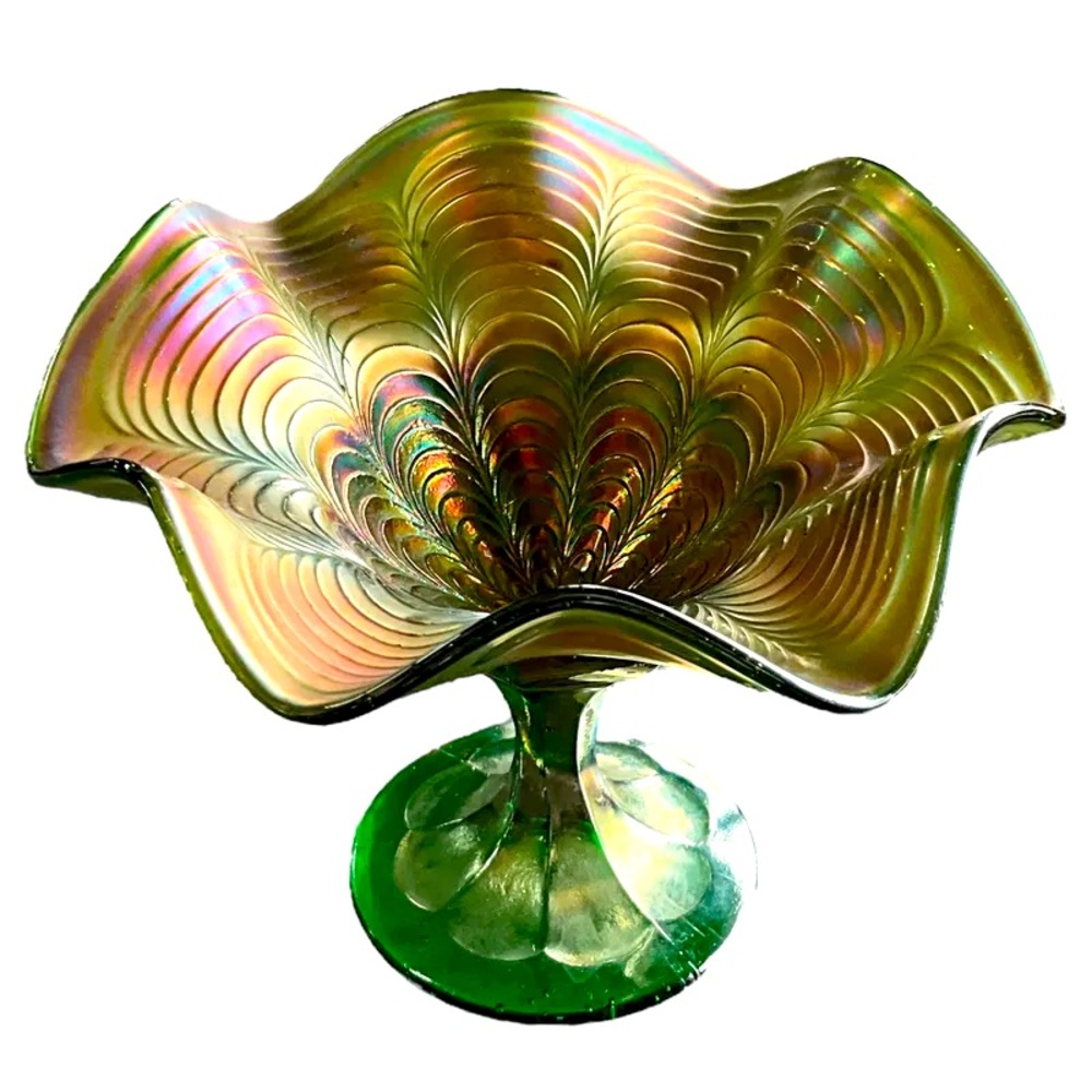 Antique 1911 Fenton Carnival Glass Peacock Tail Ruffled Compote emerald green